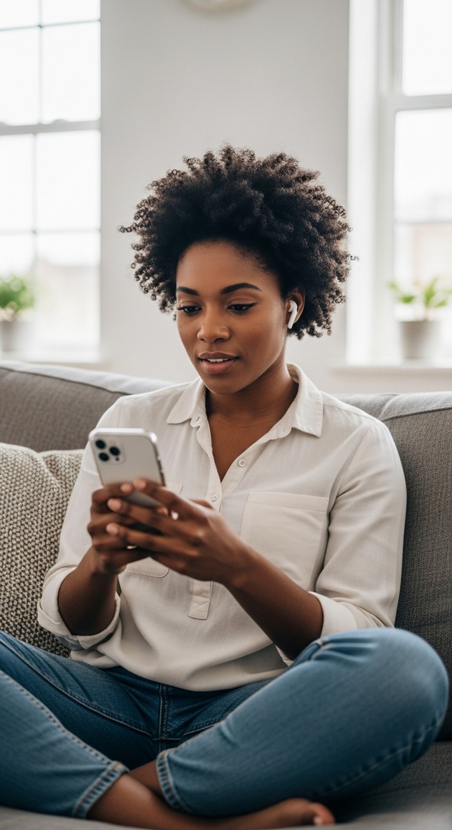 woman listening to a podcast on her phone with wireless earbuds on a sofa