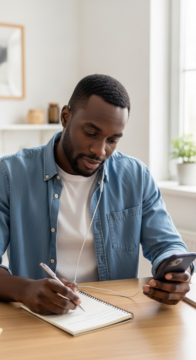 man pausing a podcast to write notes in a notepad at a home desk