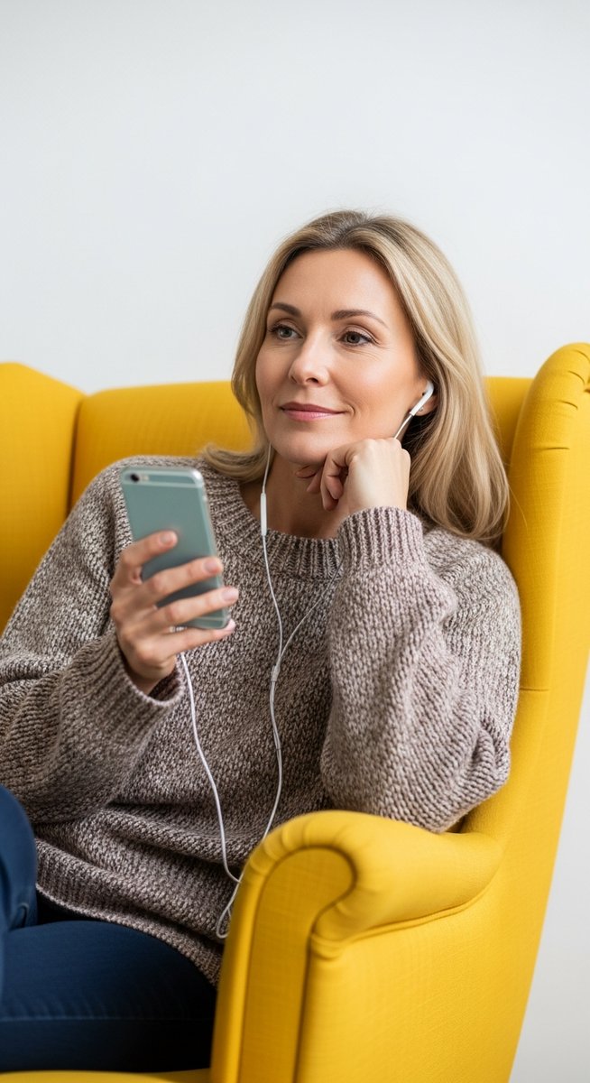 woman listening to a podcast with earbuds in a bright armchair