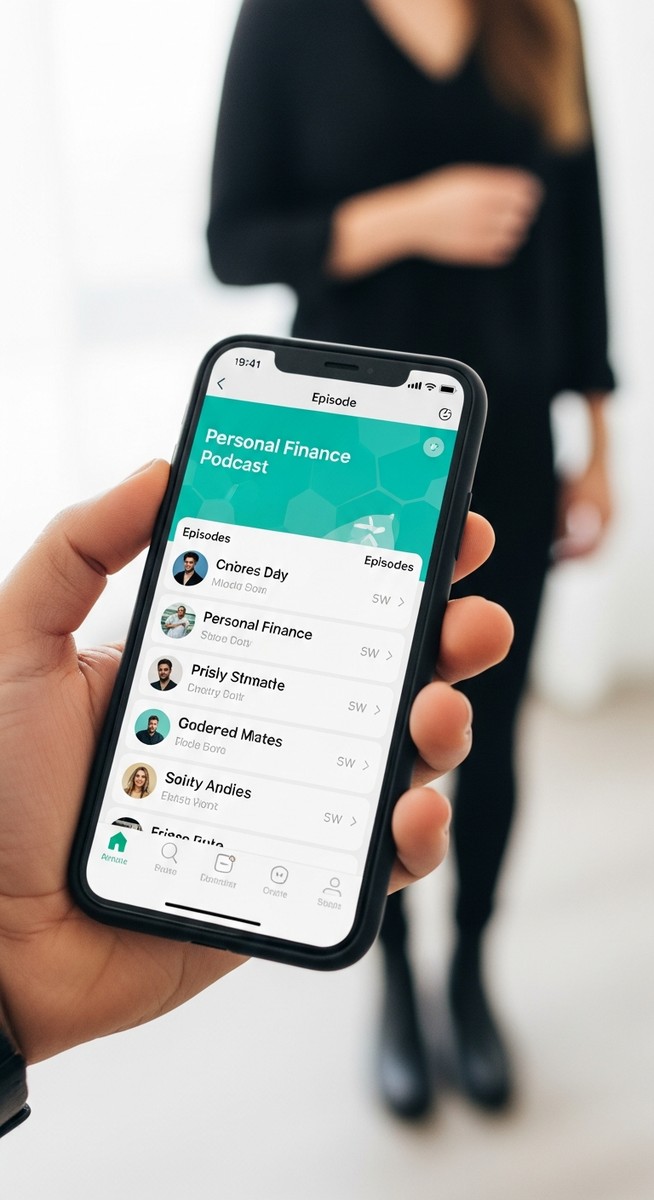 hand holding a smartphone showing a personal finance podcast app with episodes listed