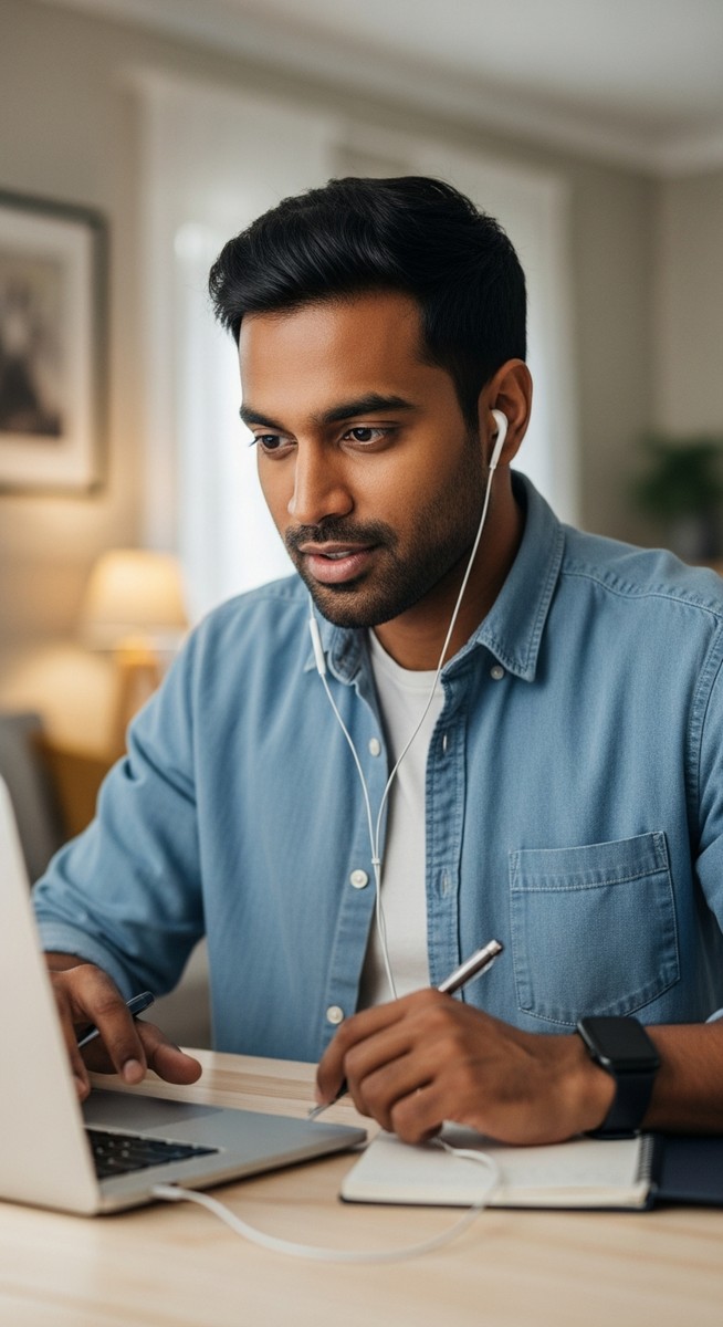 man listening to a podcast with earbuds at a home desk with a laptop
