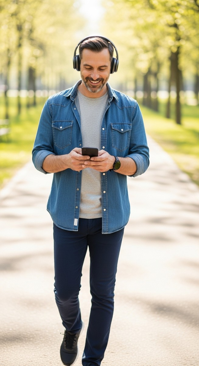 man walking in a park with over-ear headphones and checking his phone