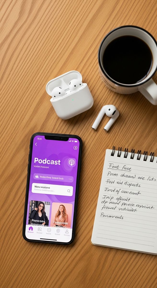 flatlay of a smartphone with a podcast app, wireless earbuds, a notepad with notes and a coffee mug on a wooden surface