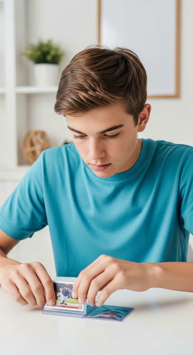 teenage boy carefully placing a baseball card into a protective sleeve at a desk