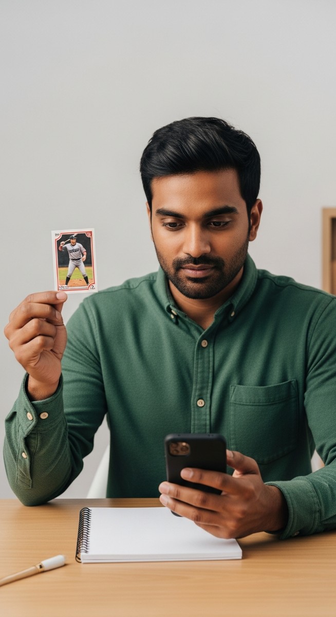 man photographing a baseball card against a plain background with his smartphone