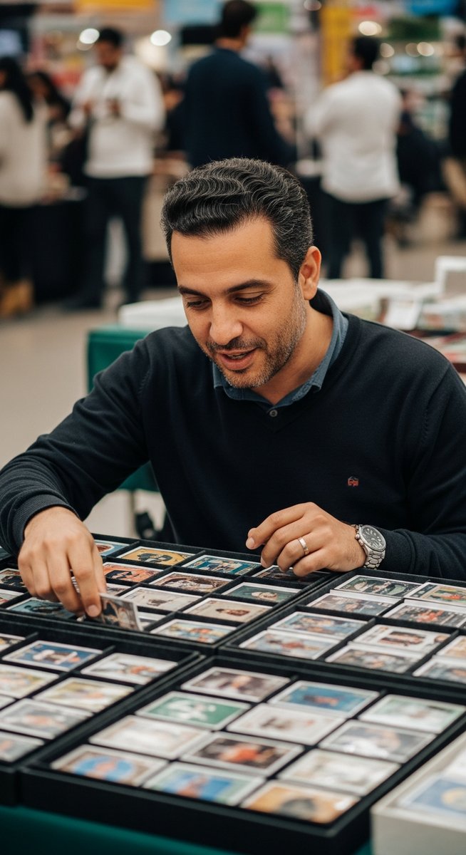 man browsing baseball cards at a collectors market table