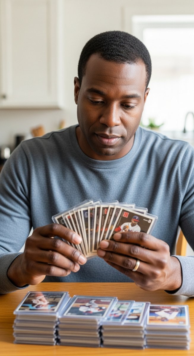 man examining a collection of baseball cards in sleeves at a kitchen table