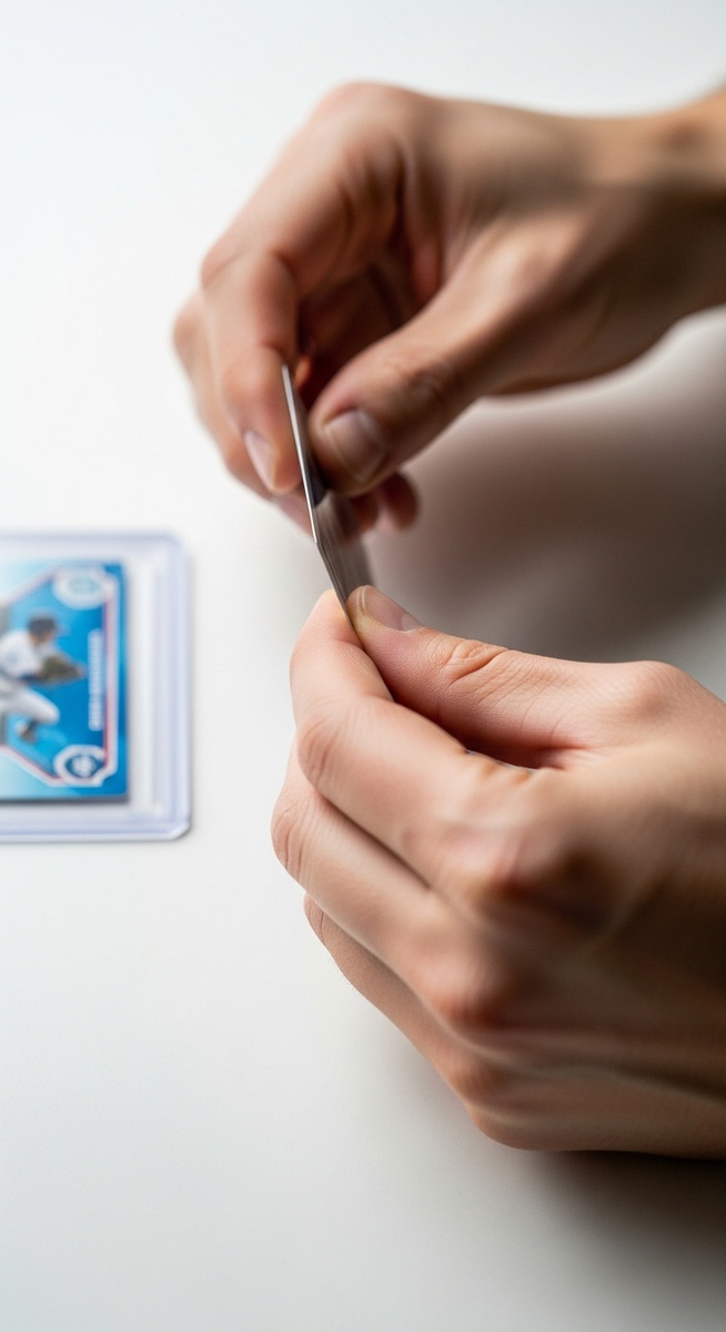 hands carefully holding a baseball card by its edges with a protective sleeve nearby