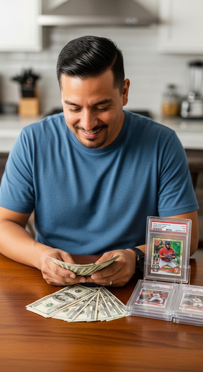 man counting cash beside a stack of graded baseball cards at a kitchen table