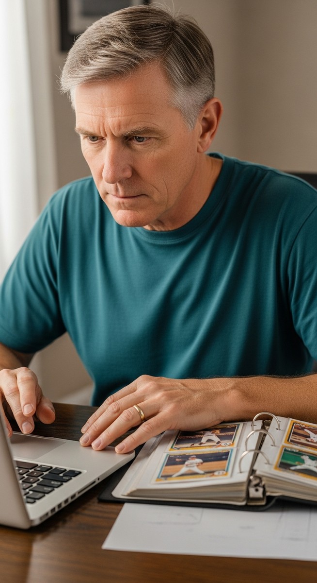 man researching baseball card values on a laptop with a card binder beside him