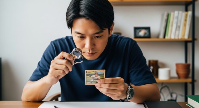 man examining a vintage baseball card with a loupe at a home desk