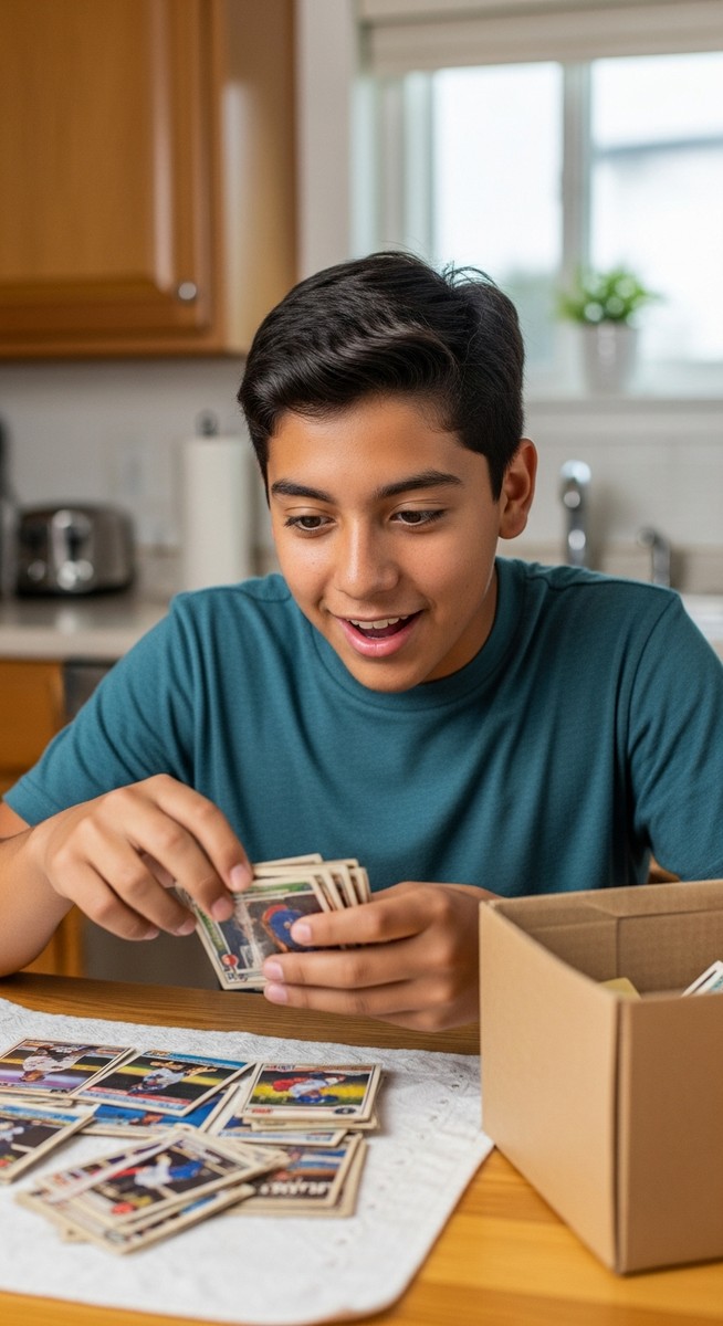teenage boy sorting through a box of baseball cards at a kitchen table