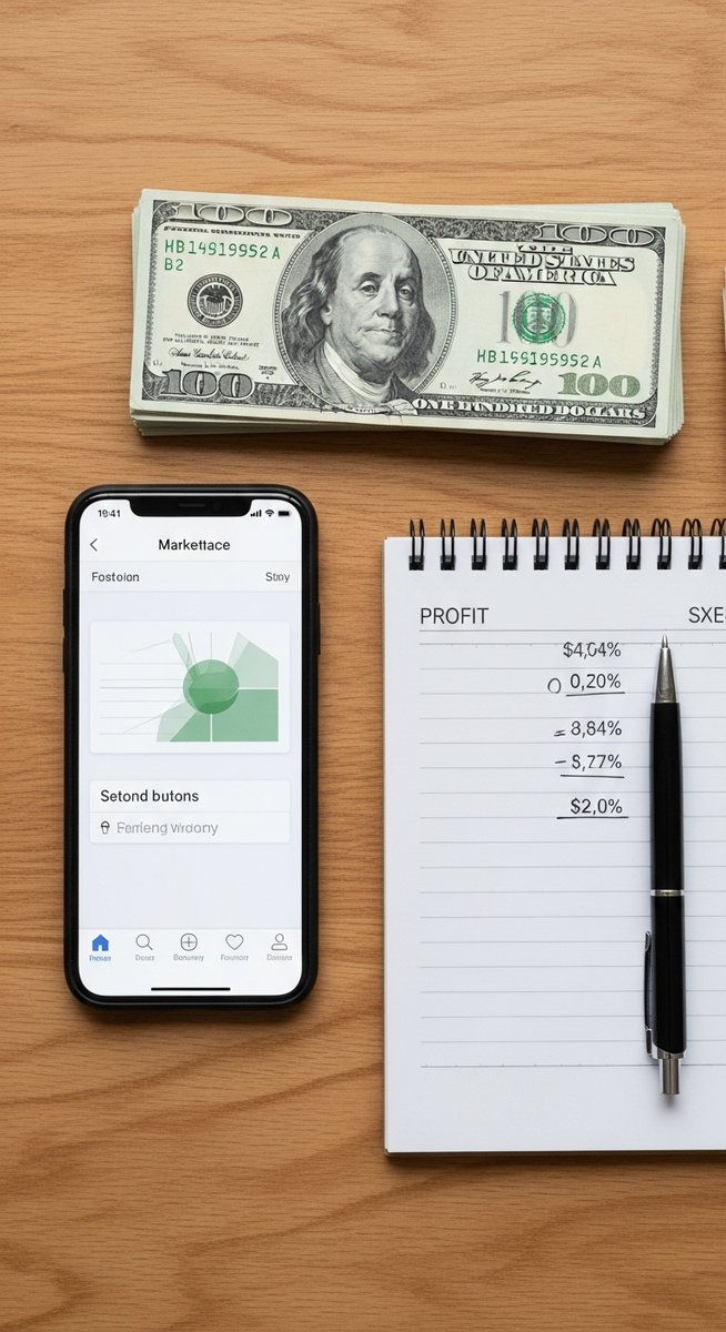 flatlay of a smartphone with a marketplace app, a stack of cash, a profit calculations notepad and a pen on a wooden surface