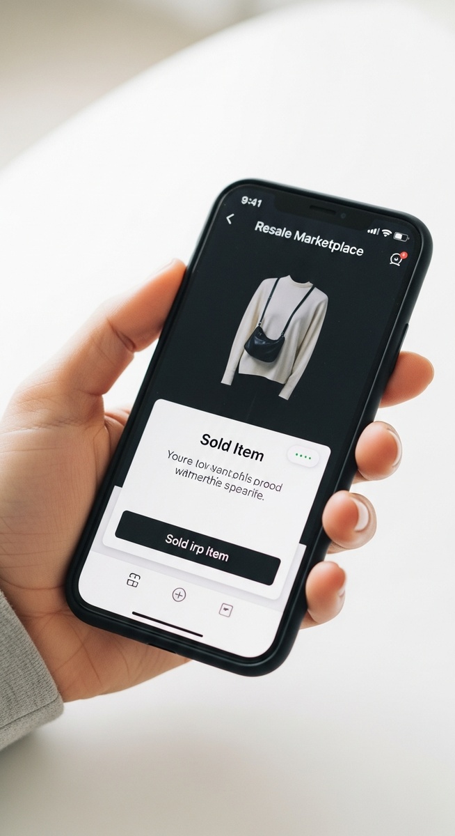 hand holding a smartphone showing a sold item notification on a resale marketplace app