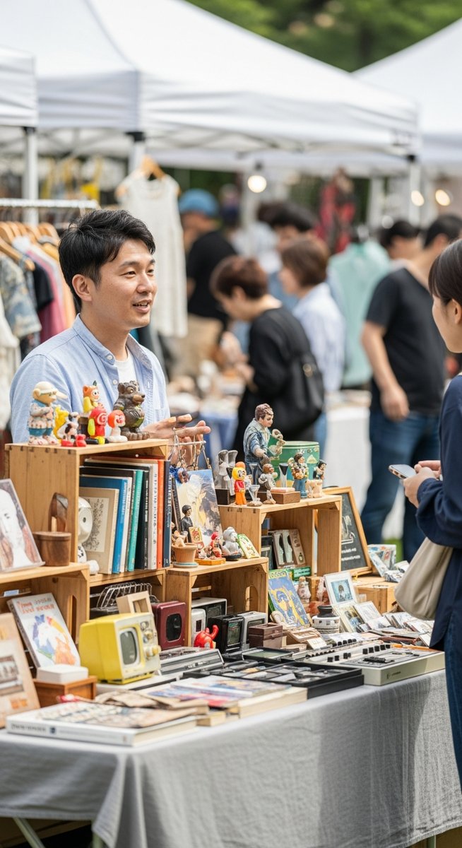 man behind a second-hand market stall chatting to a browsing customer