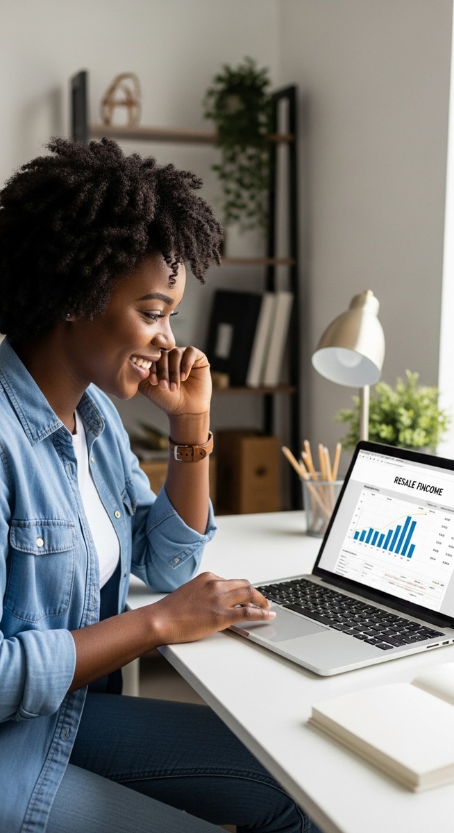 woman smiling at a resale income tracker on her laptop at a home desk