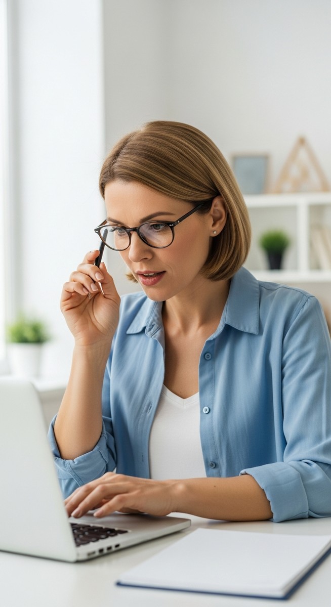 woman reviewing a resale marketplace listing on a laptop at a home desk