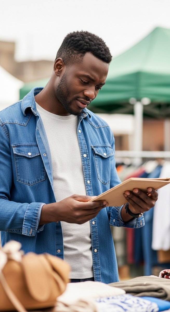man examining a second-hand item at a car boot sale with an appraising expression