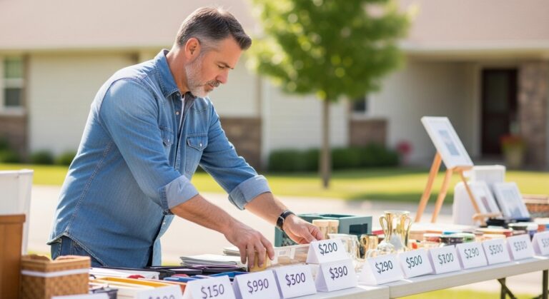 man arranging items with price labels on a garage sale table