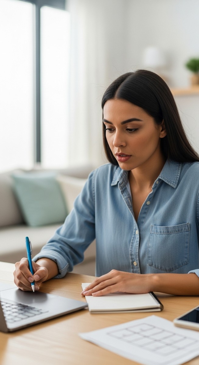 woman researching item resale values on a laptop with a notepad at a home desk