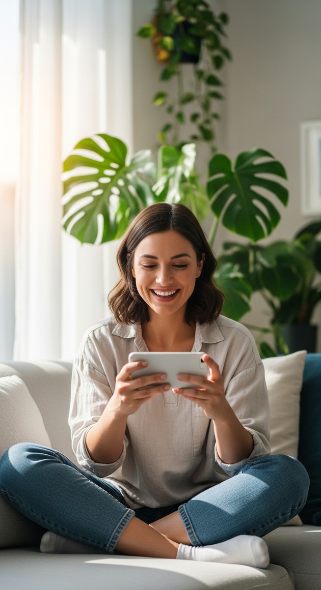 a woman smiling at her phone in a bright living room for selling on Etsy