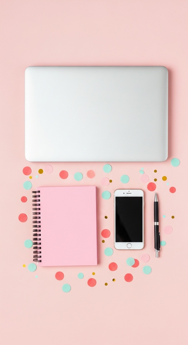 pink flatlay with laptop, notebook, and phone