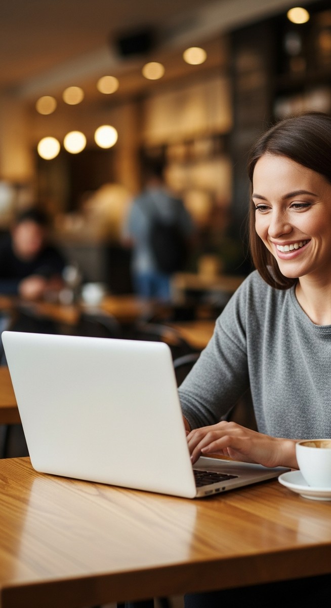 woman working happily on her laptop