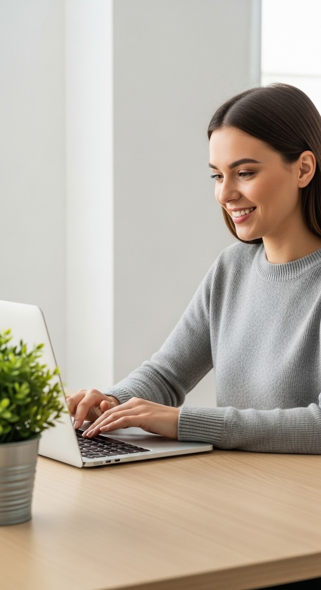 woman looking satisfied at her laptop screen at home
