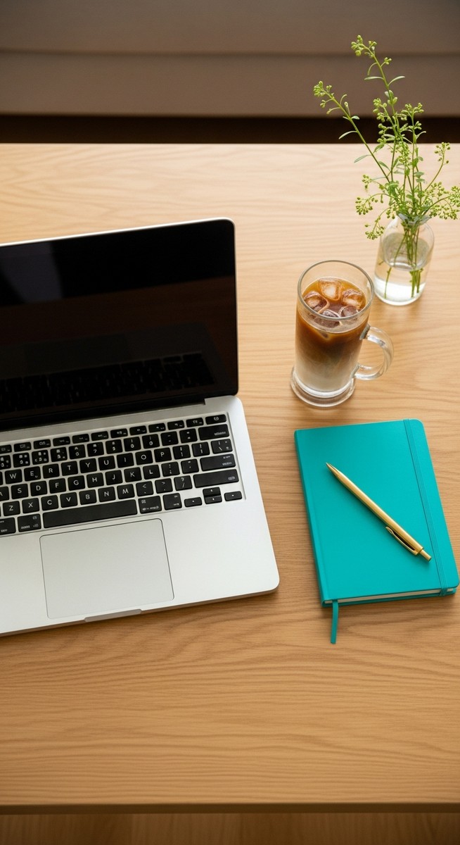 flatlay of a laptop and teal notebook on a wooden desk