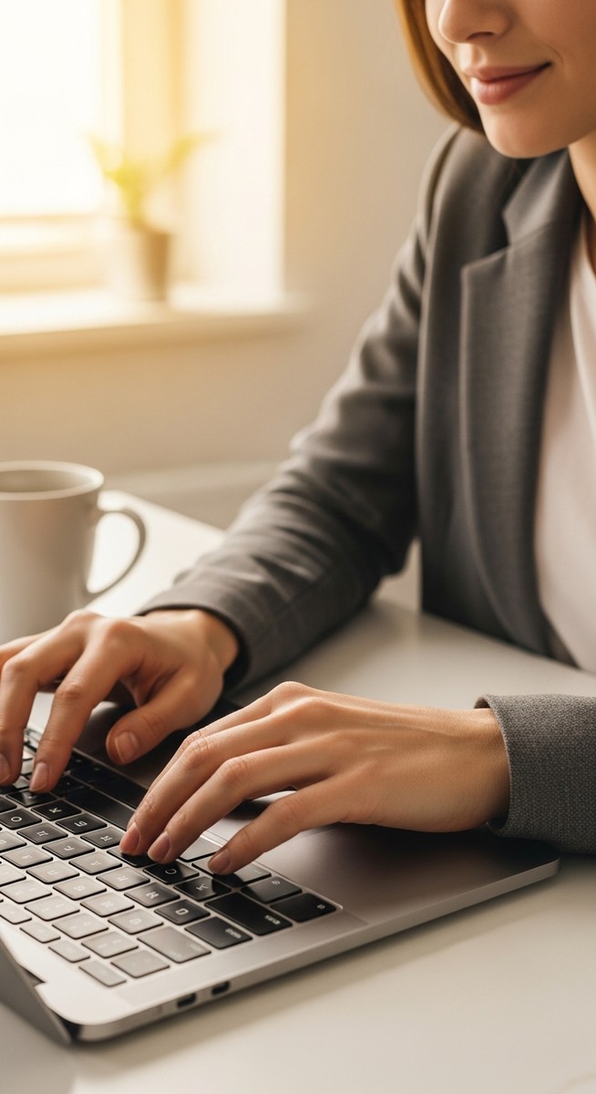 woman typing on a laptop at a bright clean desk