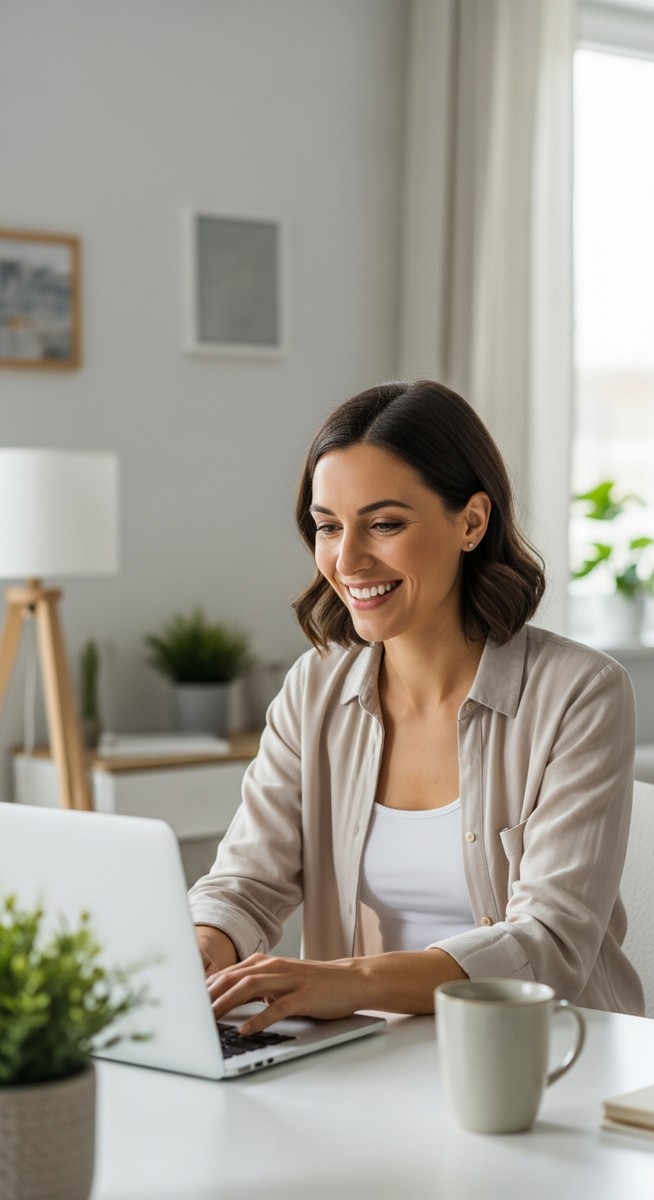woman working confidently on her laptop at a bright home desk