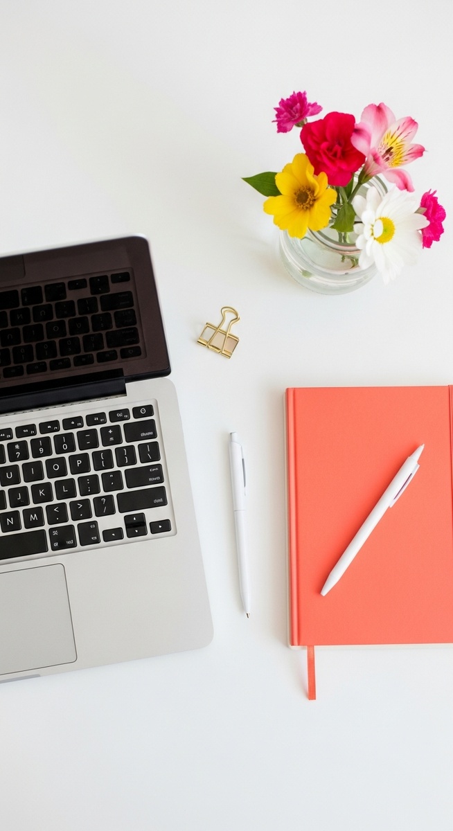 flatlay with laptop and other items on a white surface