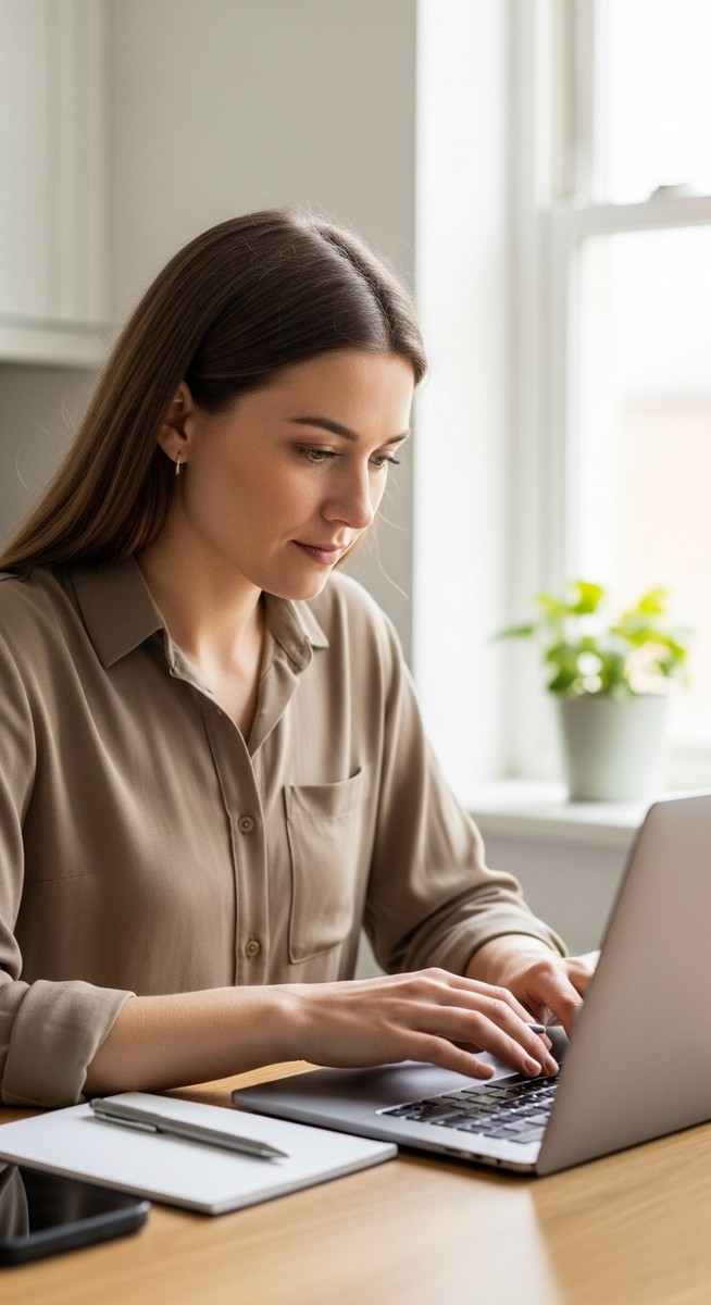 a woman typing carefully on a laptop at a kitchen table with a notepad to work from home