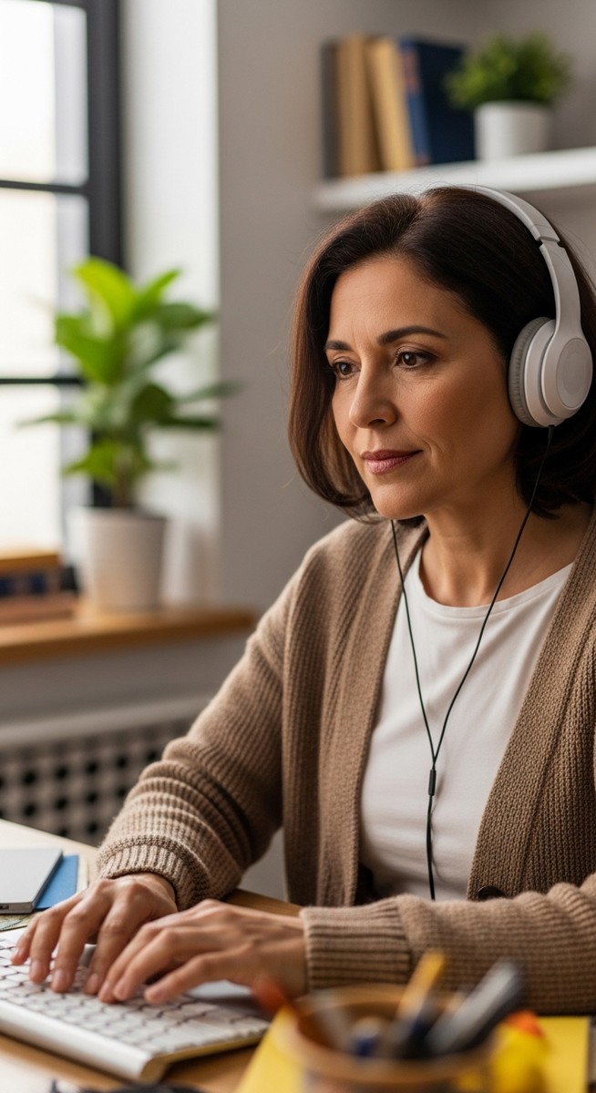 older woman with headphones pausing at her laptop in a home office
