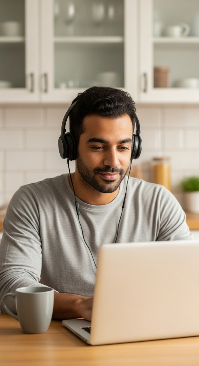 a man with headphones and coffee working on a laptop at a kitchen table to work from home
