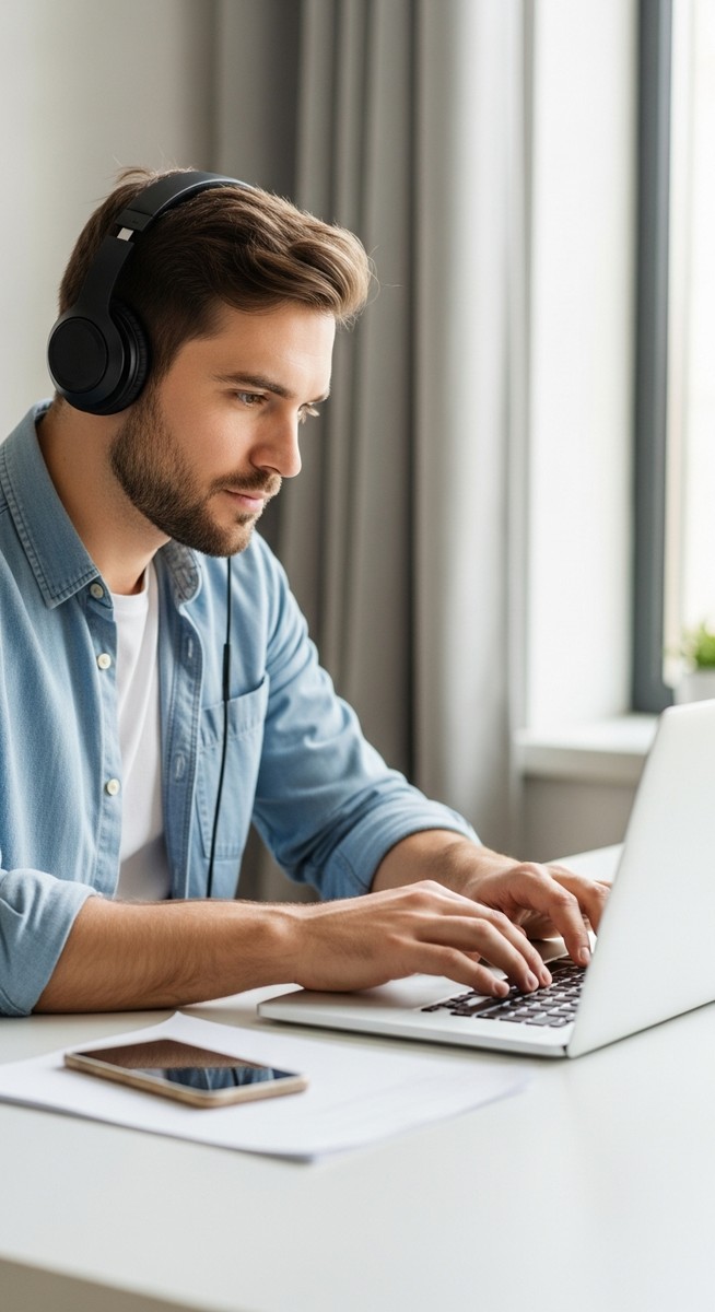 man leaning forward with headphones typing on a laptop at home