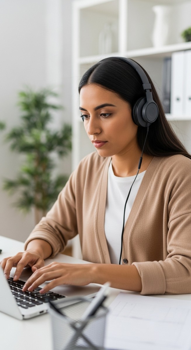 woman with headphones typing fast on a laptop at a home desk