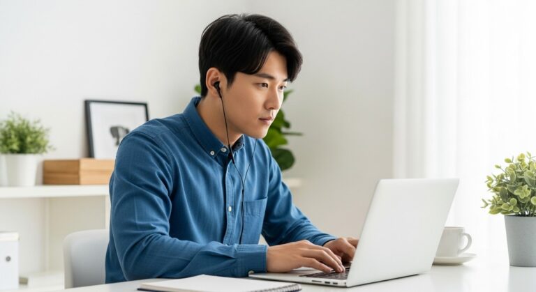 a young man with earbuds typing on a laptop at a home desk to work from home
