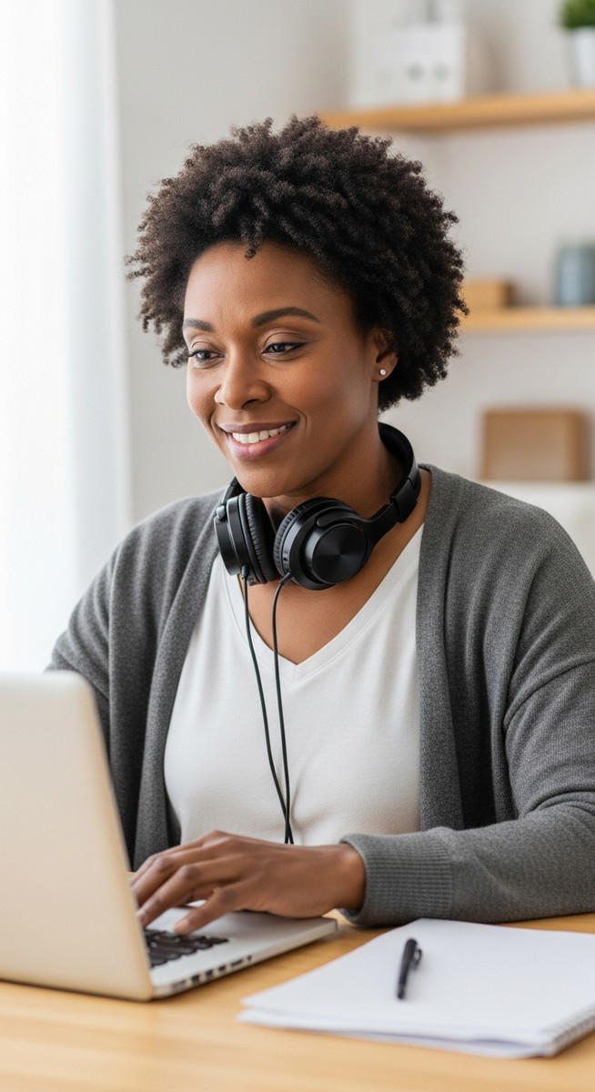 woman with headphones smiling at her laptop in a home office