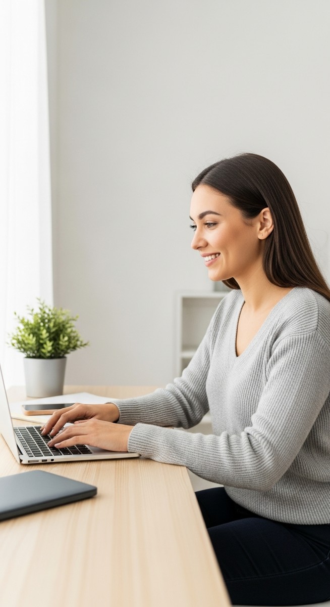 woman looking satisfied at her laptop screen at home