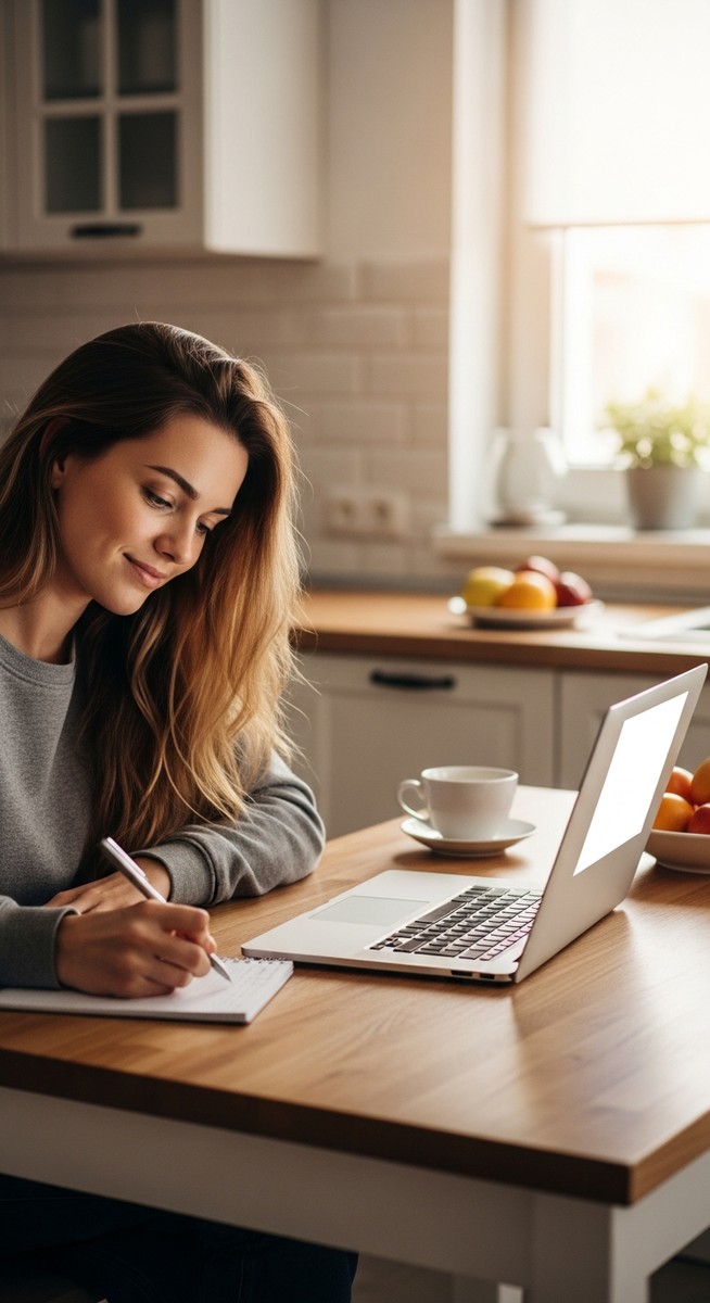young woman taking notes next to her laptop at a kitchen table