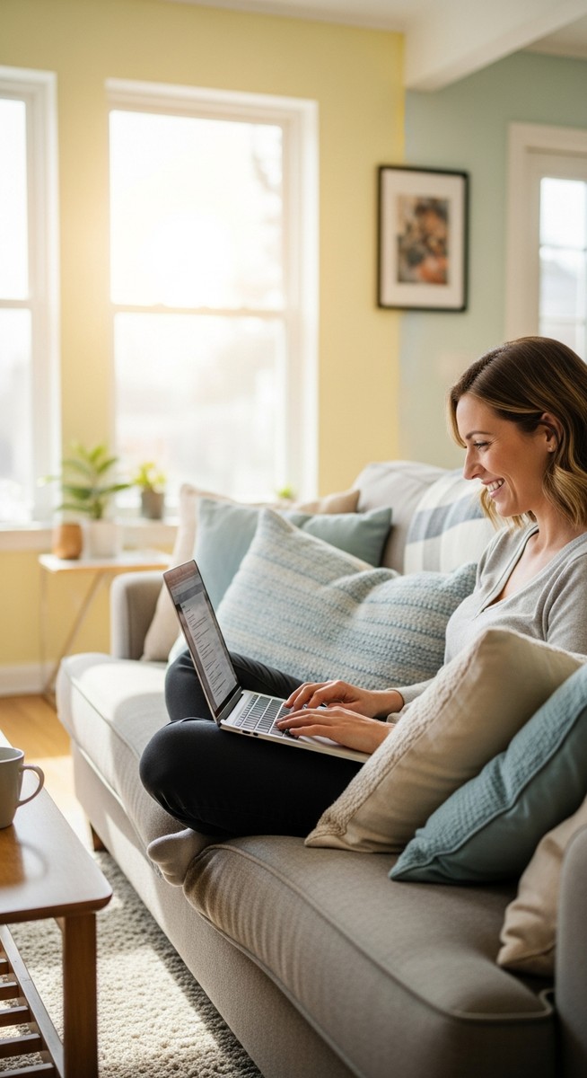 woman smiling while working on her laptop at home