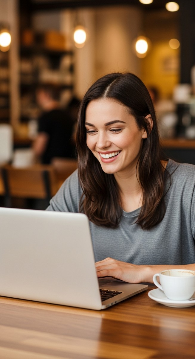 woman working happily on her laptop