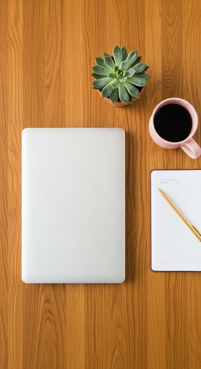 flatlay of a planner, laptop, and succulent on a wooden surface