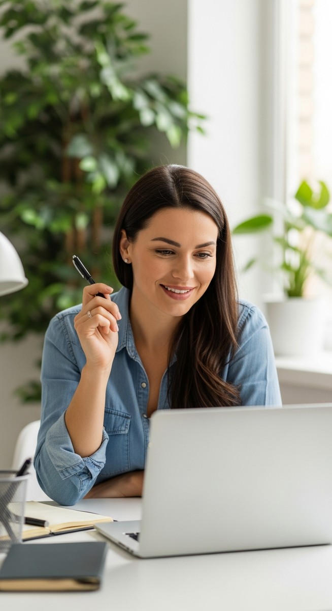 woman smiling and thinking at her home office desk