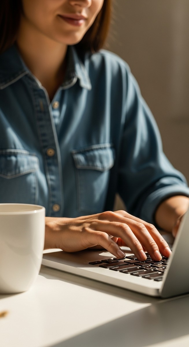 woman typing on a laptop at a bright clean desk