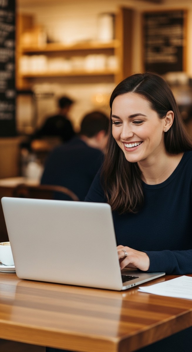 a woman working happily on her laptop for blogging