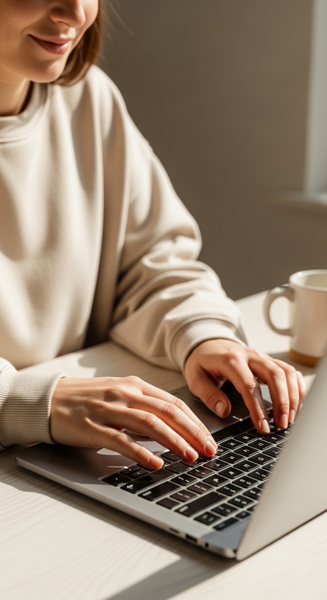 woman typing on a laptop at a bright clean desk