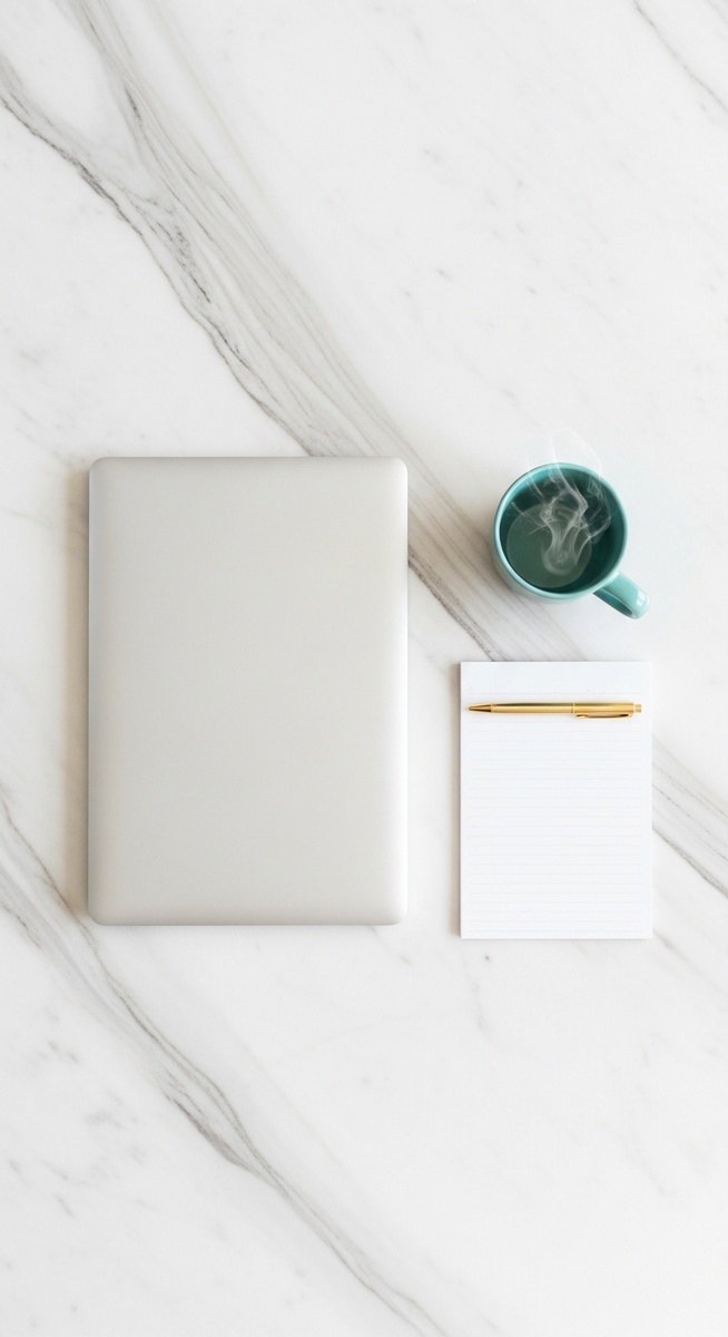 a flatlay of a laptop and teal mug on a marble surface for blogging