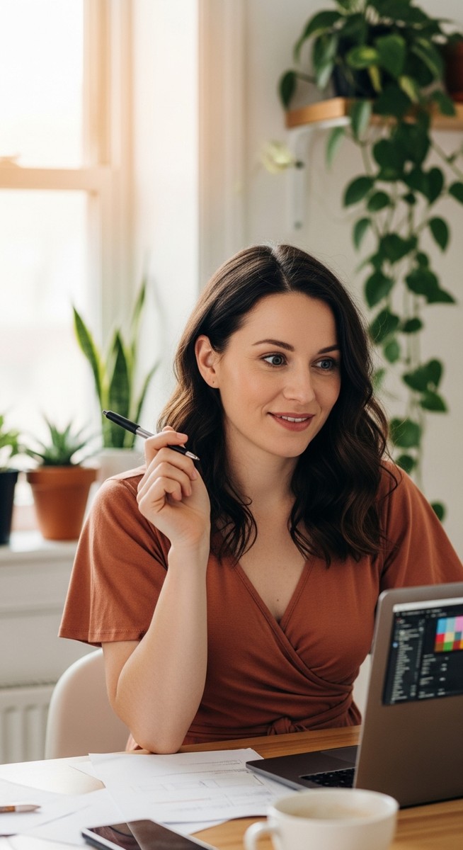 a woman smiling and thinking at her home office desk for blogging